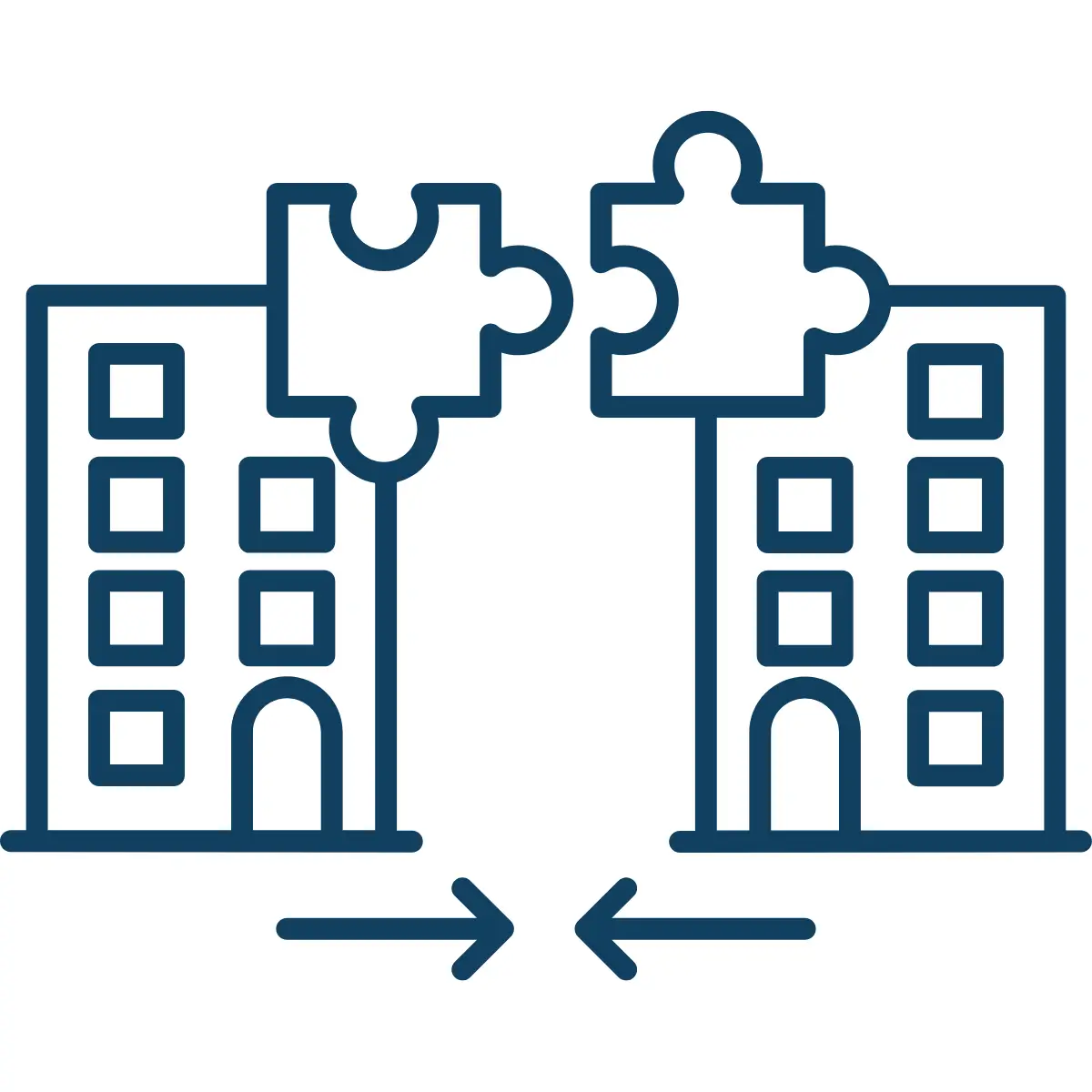 Icon of two buildings and two puzzle pieces being merged to demonstrate a corporate merger