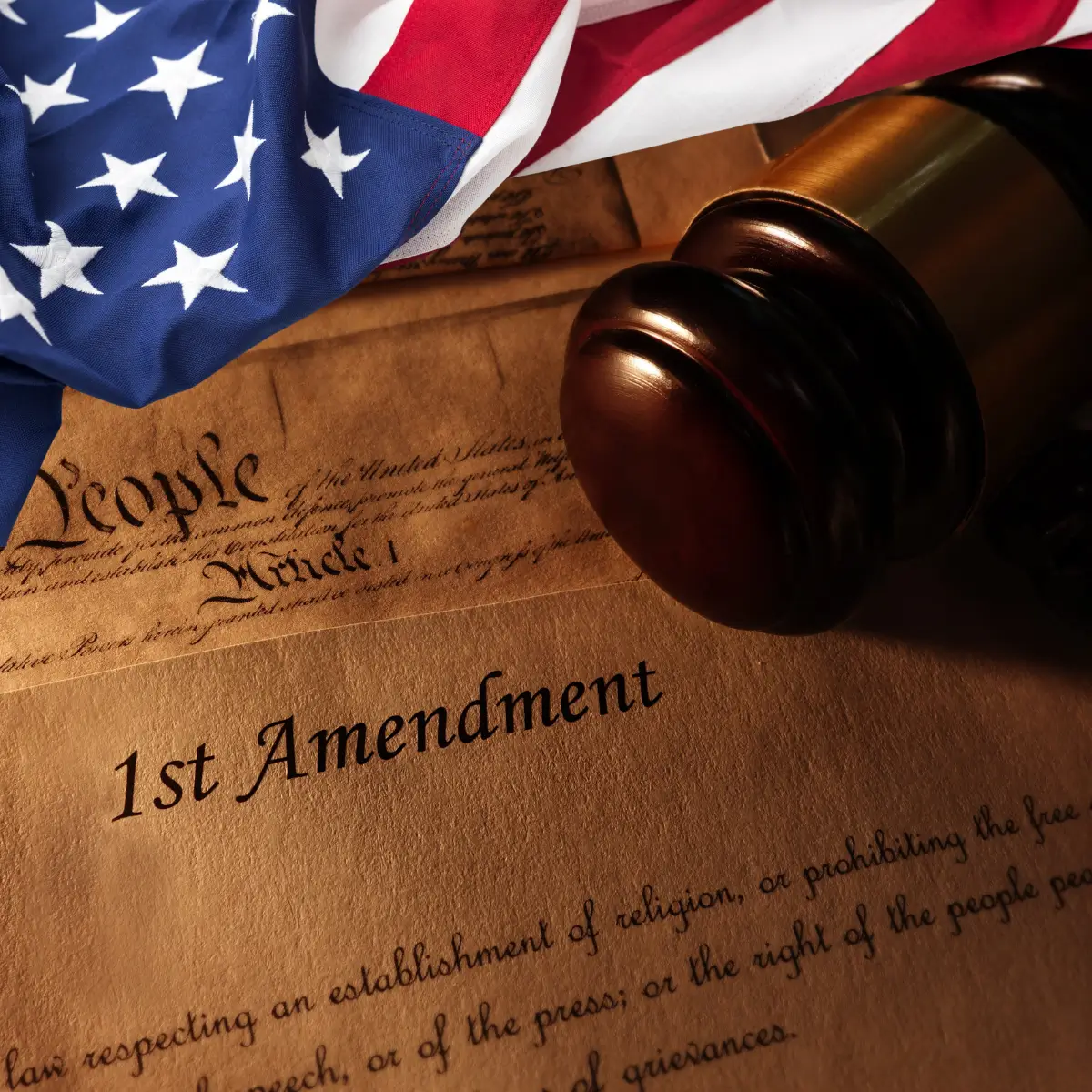 First Amendment with gavel and American flag