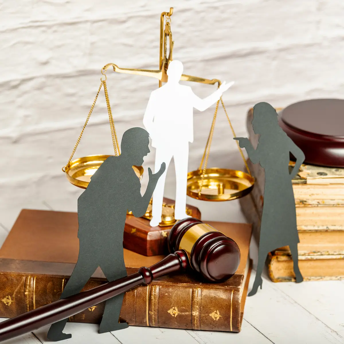Arbitration - Two clients arguing in front of lawyer and scales of justice