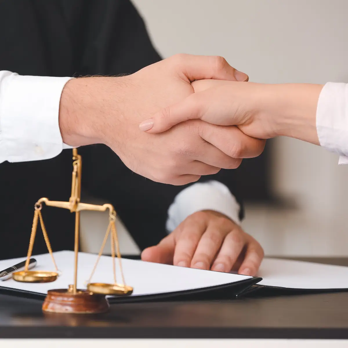 Arbitrating judge shaking hand of client