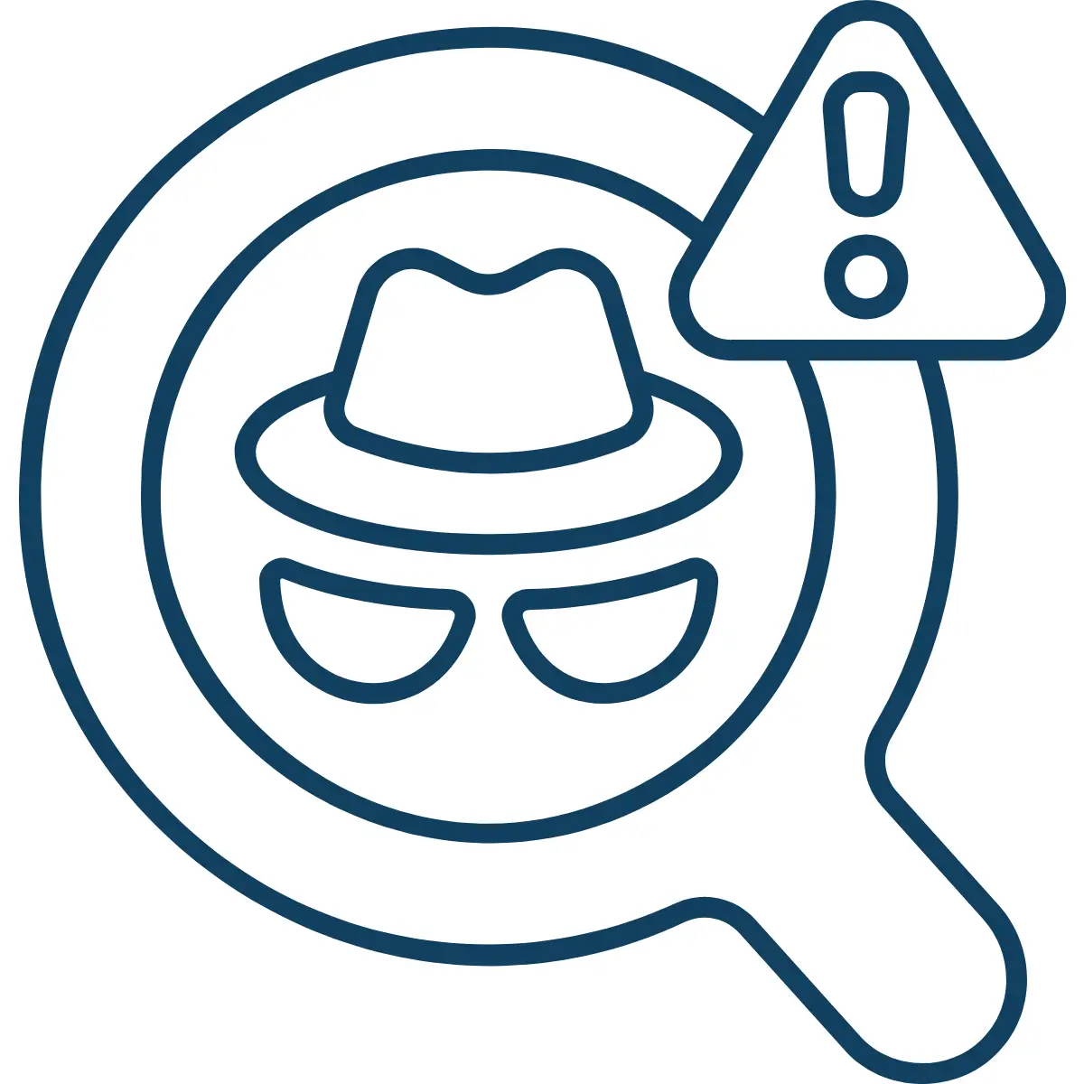 Icon of a magnifying glass around sunglass and a hat with an exclamation mark to represent business torts, fraud, and misrepresentation