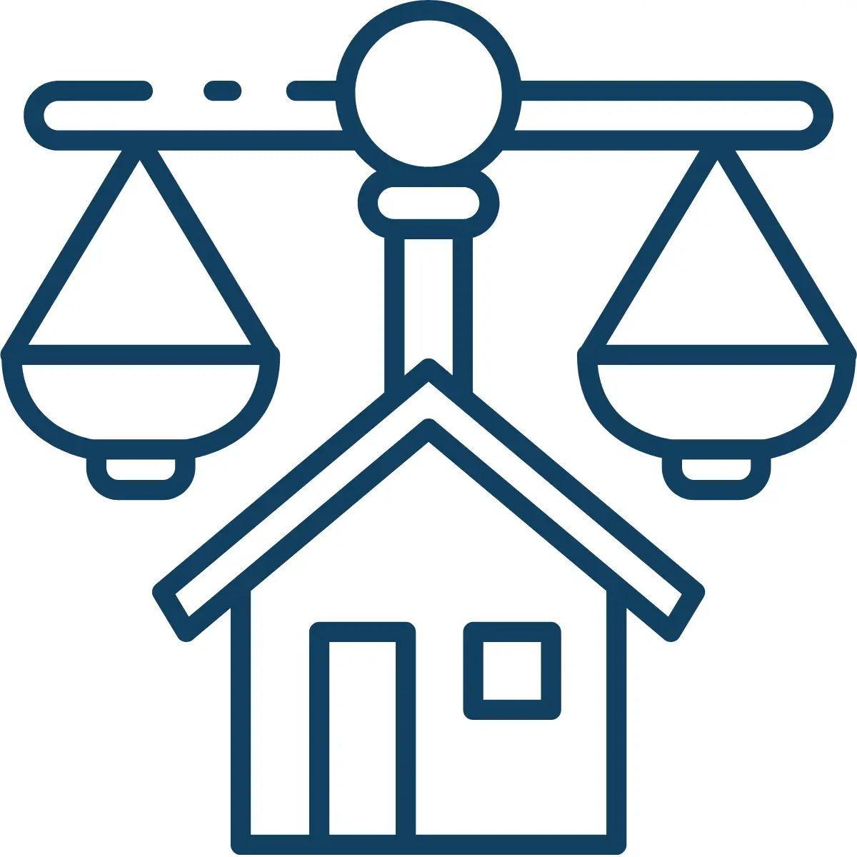Icon of house with scales over it to represent real estate and property legal disputes
